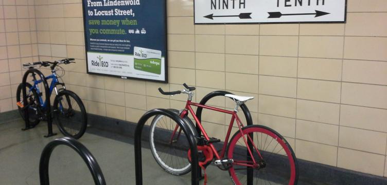 Bike parking recently installed at a Center City PATCO Station.