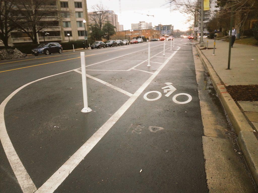 A protected bike lane outside a hotel in Crystal City, VA.