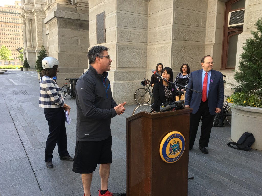Councilman Bobby Henon speaks about the importance of bike lanes on Bike to Work Day
