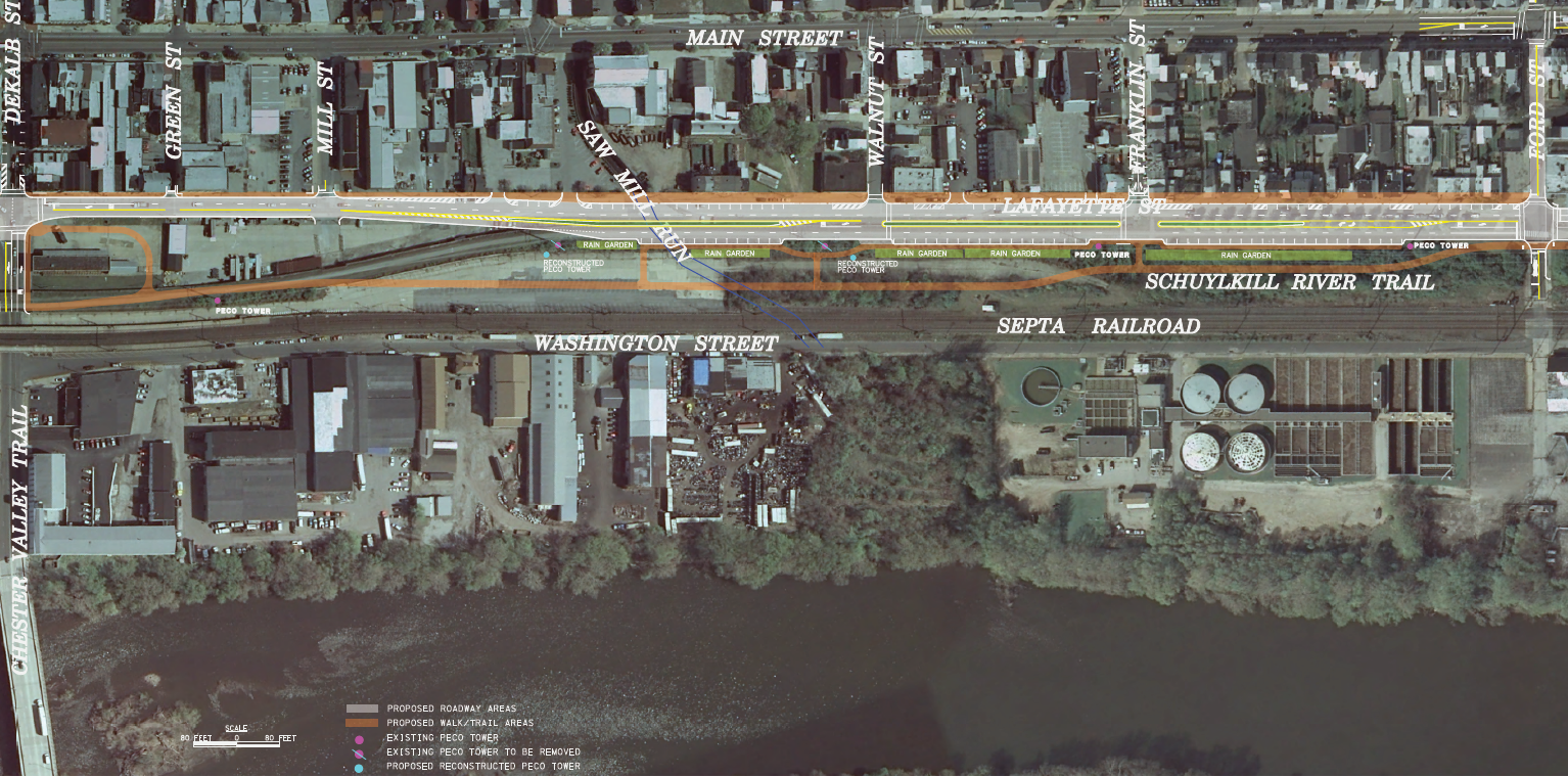 Visualization of the location of the trail and the Lafayette Street Extension.