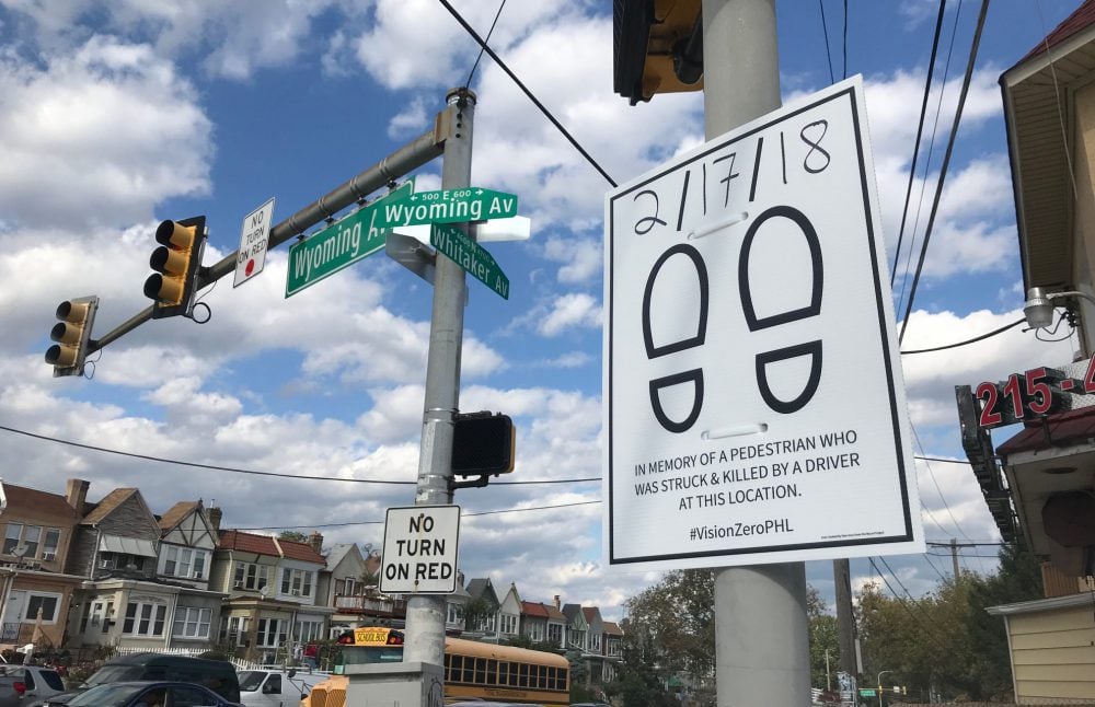 Sign memorializing pedestrian killed at corner of Whitaker and Wyoming in Philadelphia