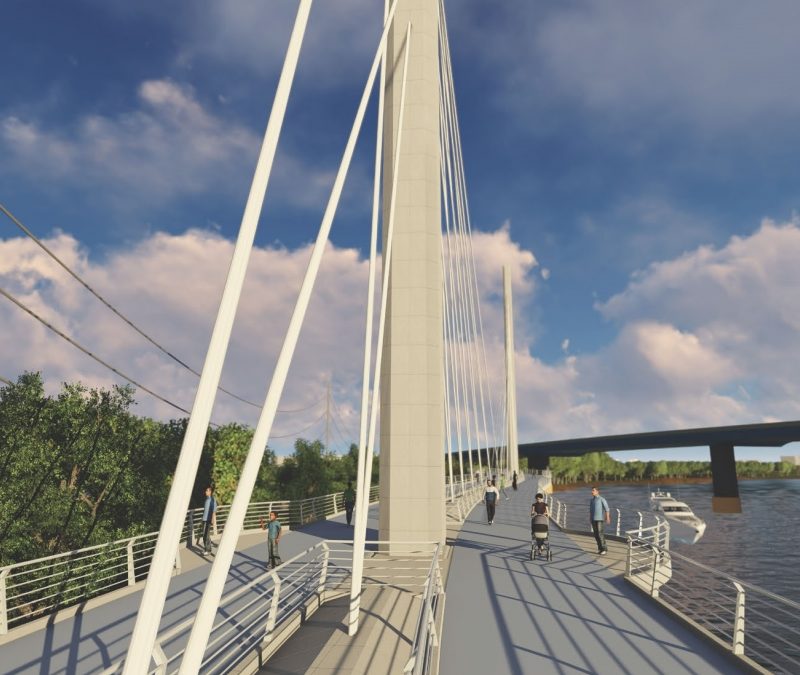 Rendering of Schuylkill River trail bridge section with people walking