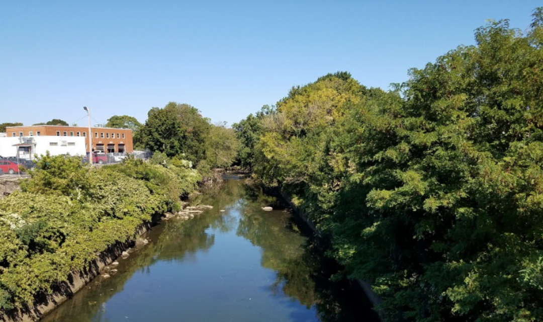 The Frankford Creek, shown as a channelized river with no natural edges