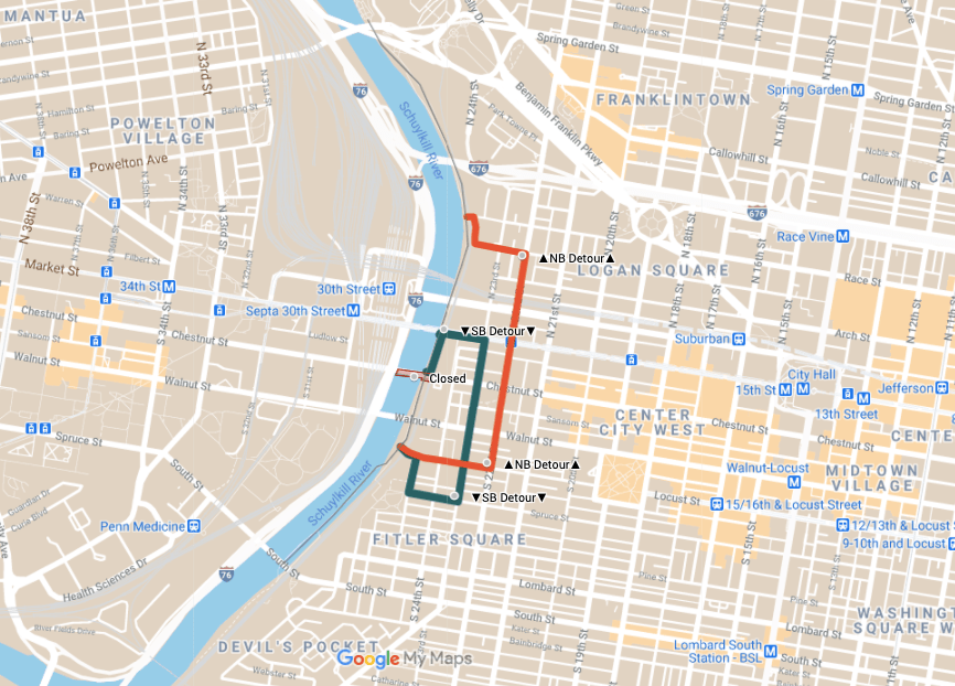 Map of the Bicycle Coalition's suggested detour around where the Schuylkill River Trail is closed under the Chestnut St. Bridge
