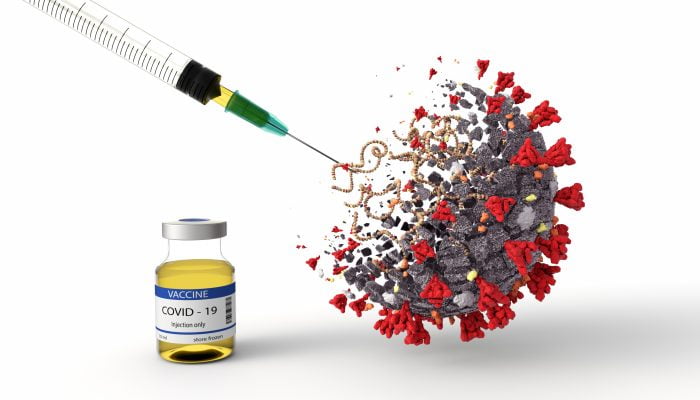 Illustration of COVID-19 vaccine being administered and disintegrating the virus