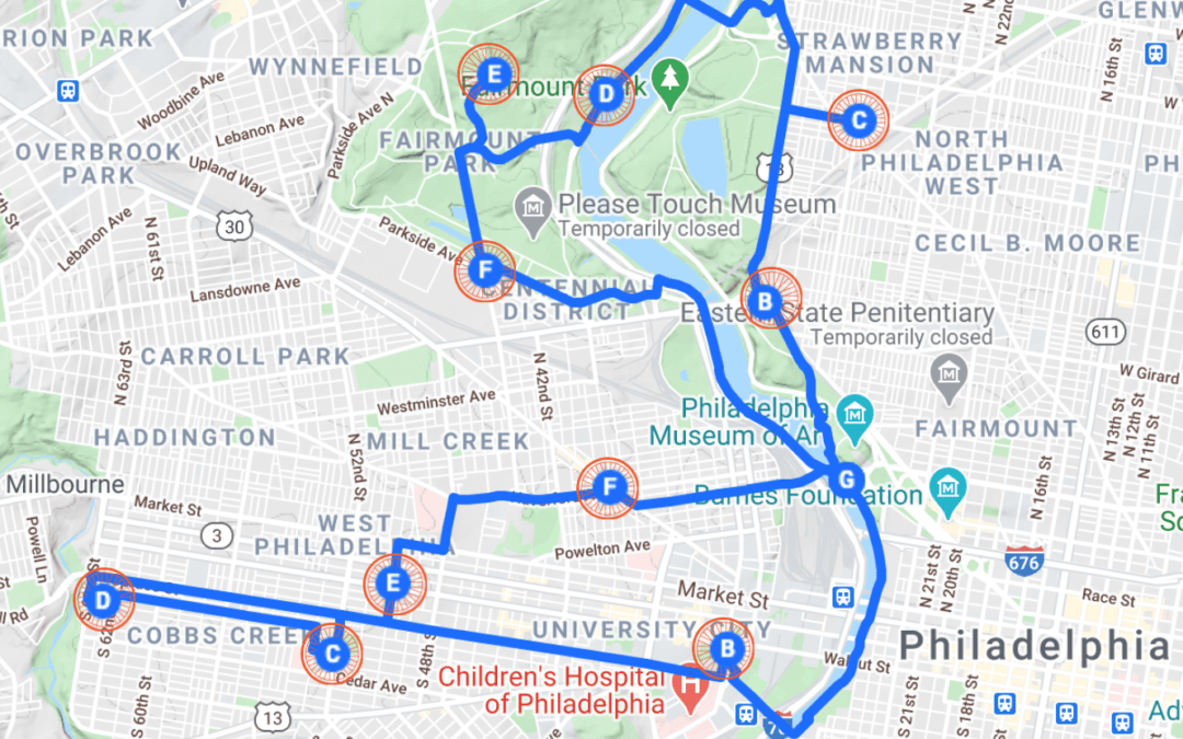 Map of bike ride through Fairmount Park and West Philadelphia