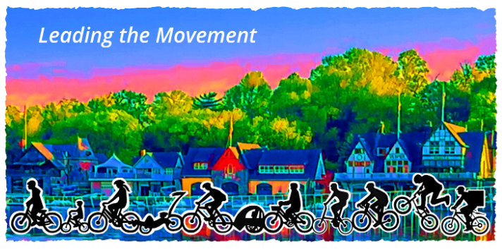 2021 T-shirt design: Boathouse row in technicolor in the background, cyclists of all sorts (wheelie kids, bike messengers, recreational riders, adaptive cyclists) in the foreground