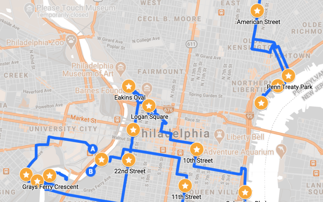 Map of rides highlighting Vision Zero projects in West Philly, North Philly and South Philly
