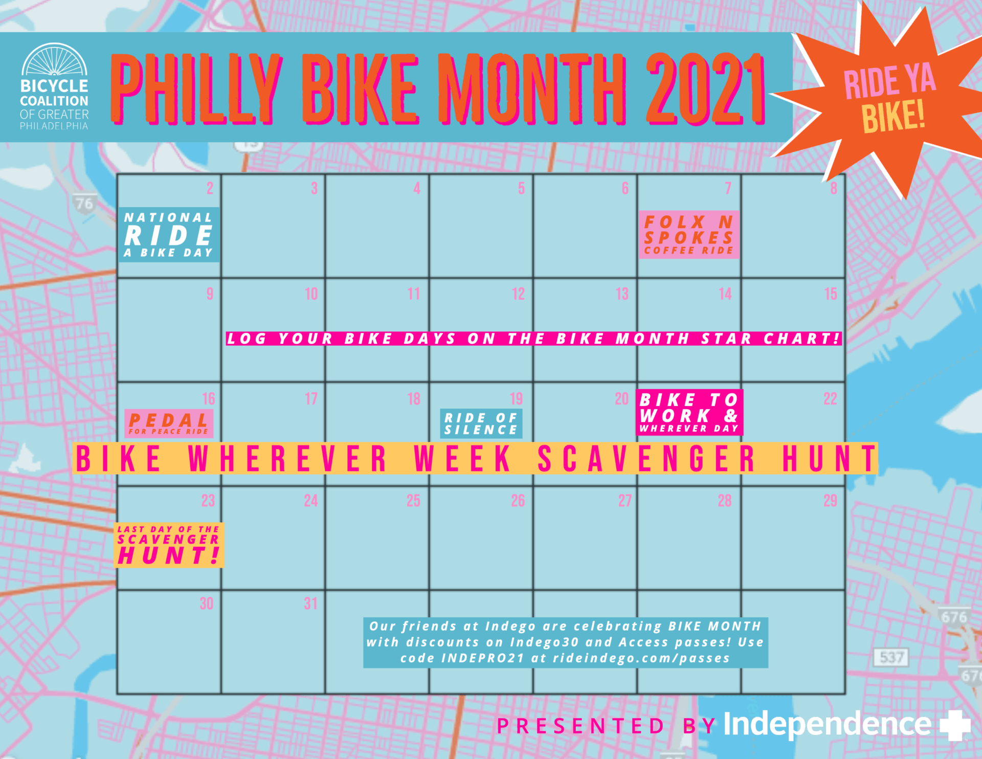 Philly Bike Month Calendar showing all of the city events for May 2021