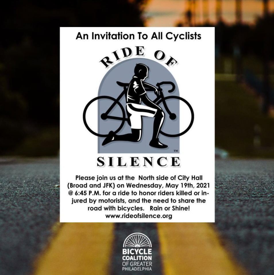 Ride of Silence flyer picturing a cyclist kneeling by their bicycle to honor victims of traffic violence