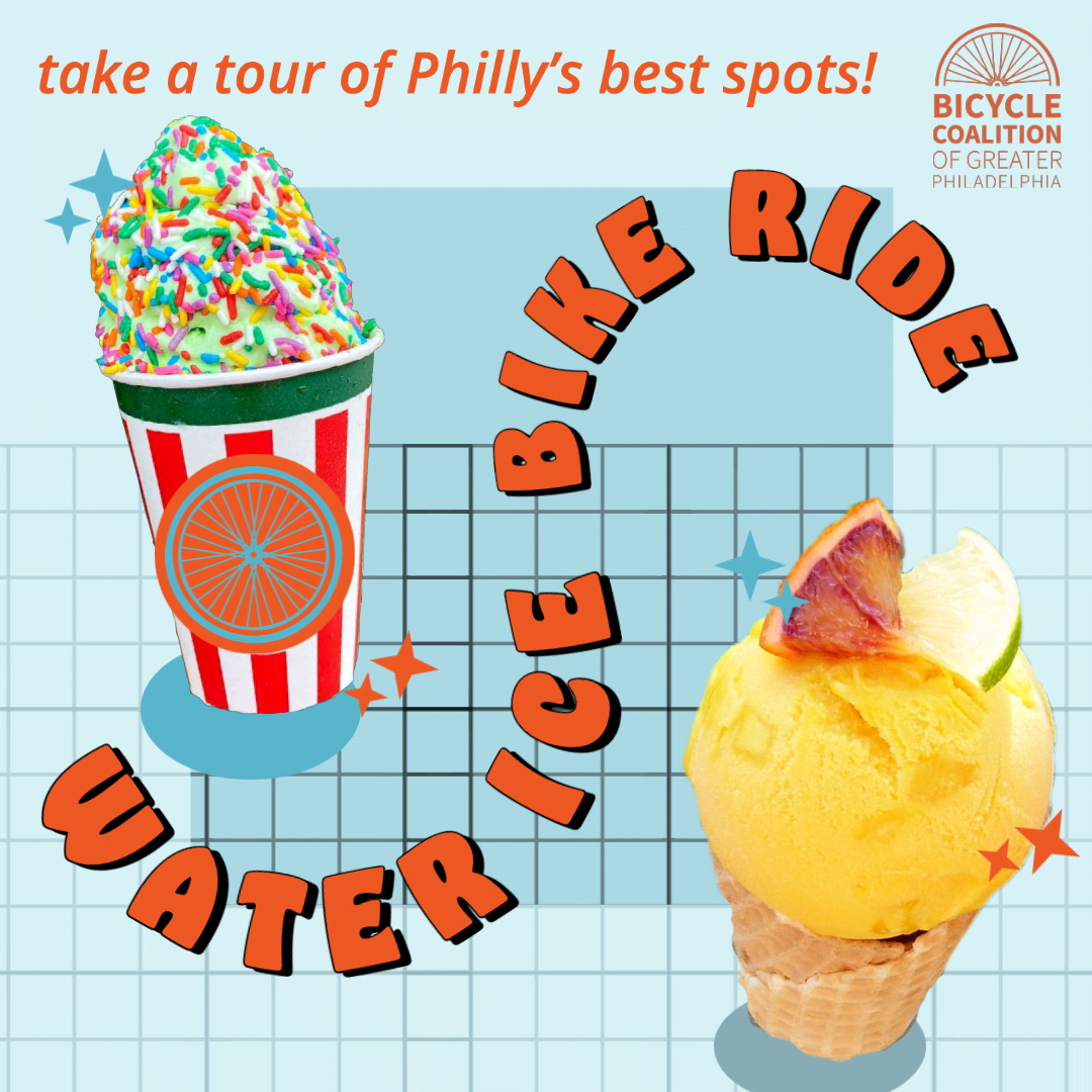Two water ices on a blue background with text: take a tour of Philly's best spots! Water Ice Bike Ride