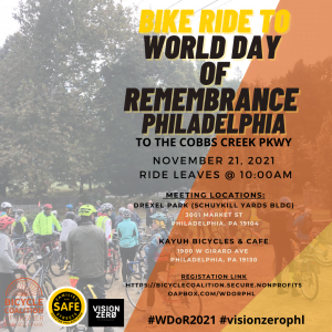 Photo of riders gathered in the background. Text in the foreground: Bike Ride to World Day of Remembrance Philadelphia