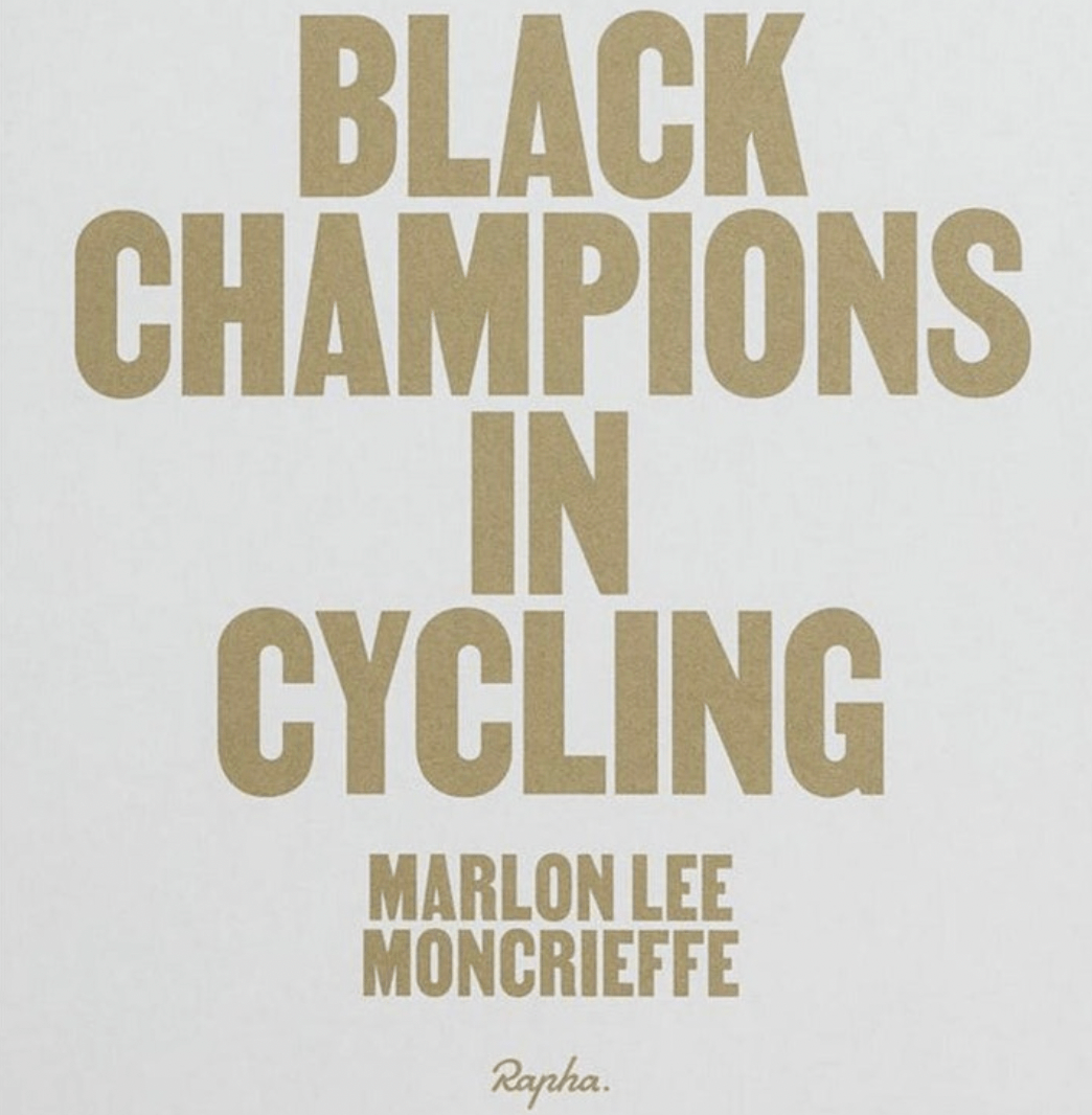 White background with gold text: Black Champions in Cycling by Marlon Lee Moncrieffe