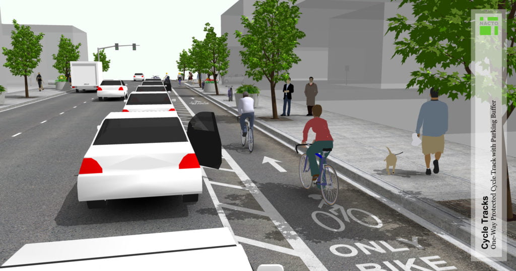 Illustration of a parking-protected bike lane with cars on the left and cyclist in the lane on the right