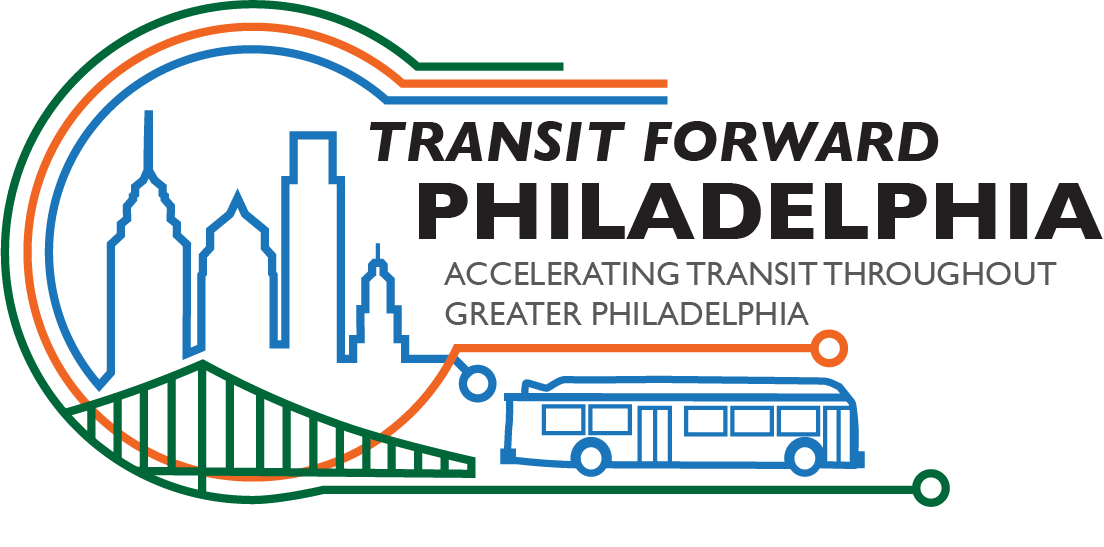 logo in blue, green, and orange for Transit Forward Philadelphia. Right side with a bridge and skyline outline, with a bus to the right on a line. Center text reads "Accelerating transit throughout greater Philadelphia" under the org name.