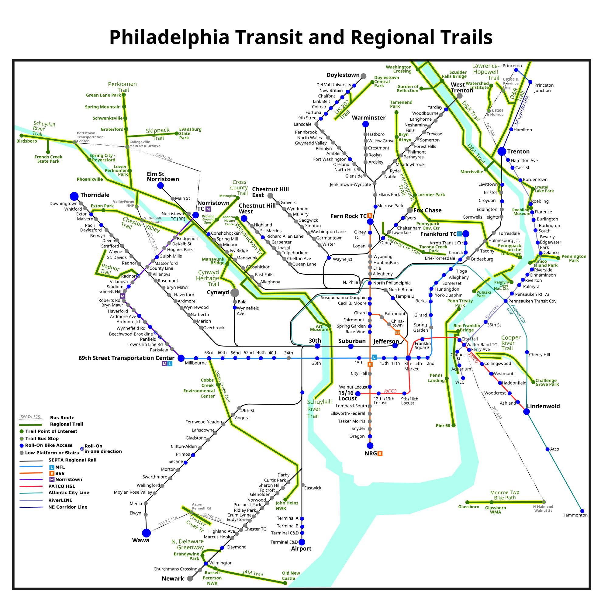 SEPTA Transit and Regional Trails Map. It is a diagrammatic map showing regional bike trails (shared-use paths) and adjacent rail stations. The map also show which rail stations allow you to roll your bicycle on or off the train without carrying your bicycle on steps.